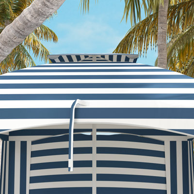 Beach Umbrella With Fabric, 5.8'X5.8', Blue White Stripe, Ventilated, Portable 5.8' X Double Layer Canopy, Ruffled Walls, Vents, Sandbags, Case, & Stripe