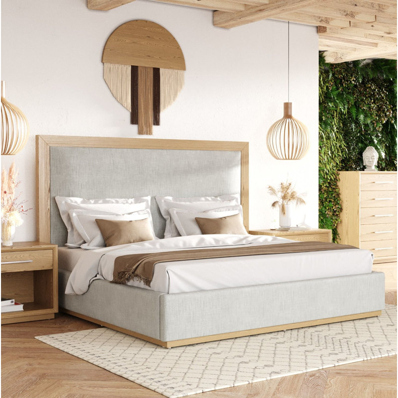 Reanna Upholstered Platform Bed, Queen, Natural Wood/Gray