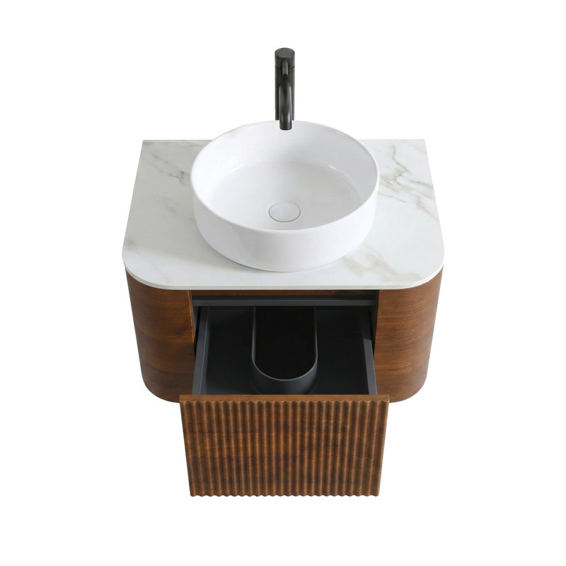 Meuble-lavabo Erba de 24 po avec lavabo, armoire murale en noyer avec porte-serviettes gratuit, lavabo simple en céramique blanche, sans drain et robinet, pré-assemblé