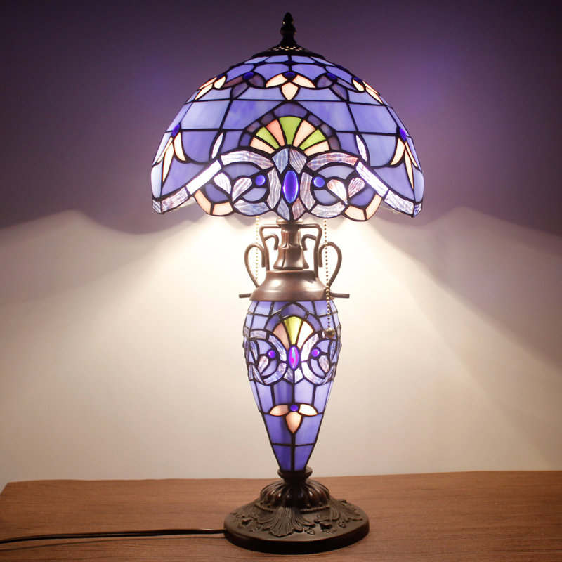 Lavender Blue Stained Glass Table Lamp with Pull Chain