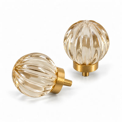 Opaline-Fluted Round Glass Cabinet Knob with Brushed Brass Base