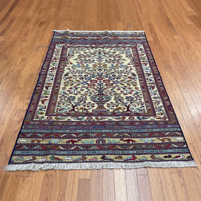 Tapis oriental en laine rouge / vert / ivoire fait à la main 4 pi 3 po x 6 pi 3 po Oriental