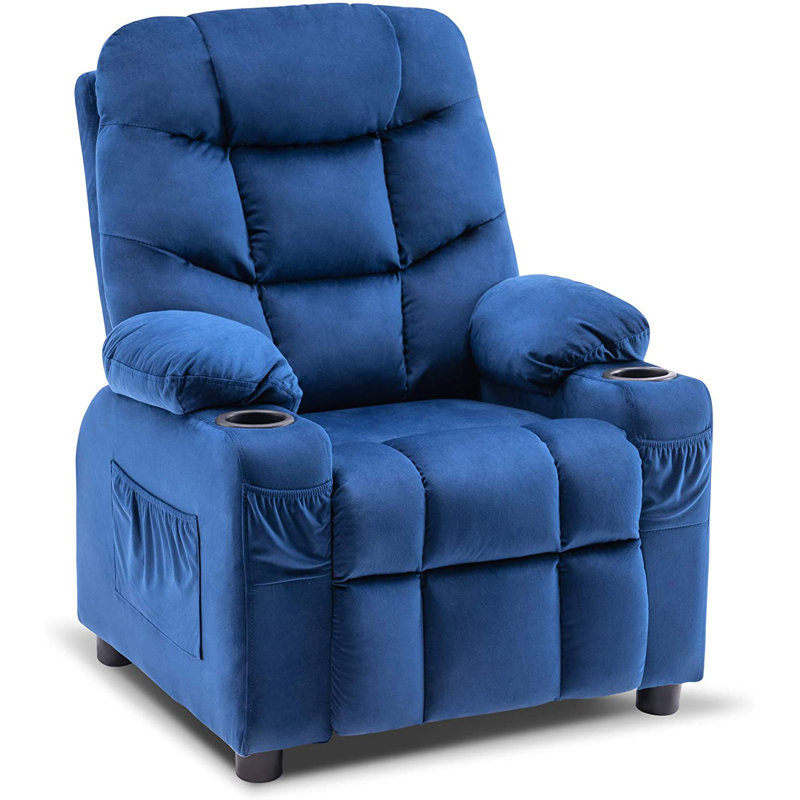 Goggin Kids Recliner with Anti-Tilt, Two Cup Holder, Fabric Upholstered, Navy Blue