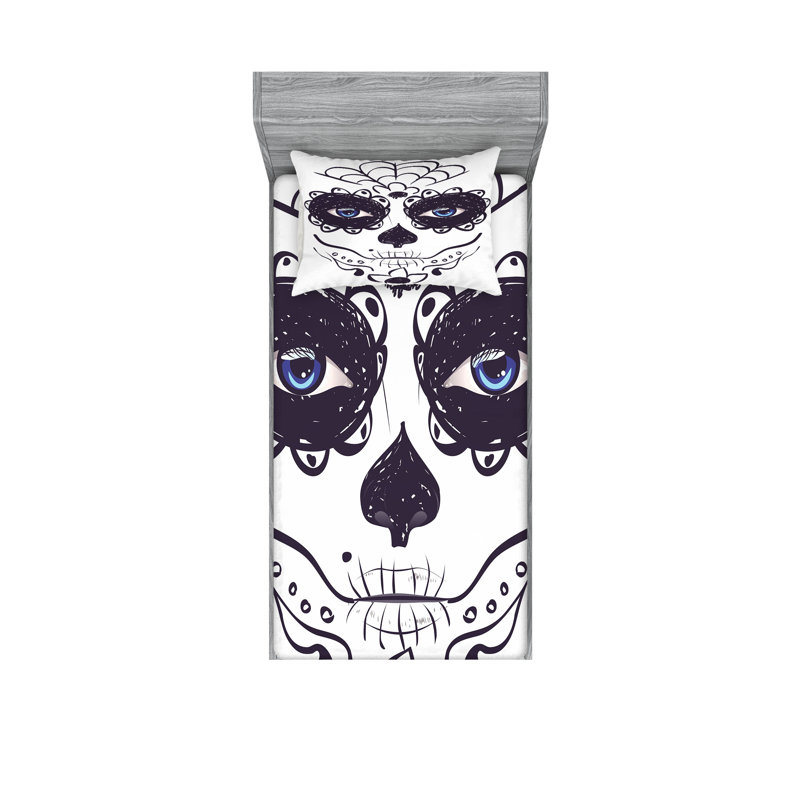 Drap-housse et taie décorative Ambesonne Sugar Skull, noir, blanc et bleu, Ensemble de draps pour lit simple + 5 pièces supp