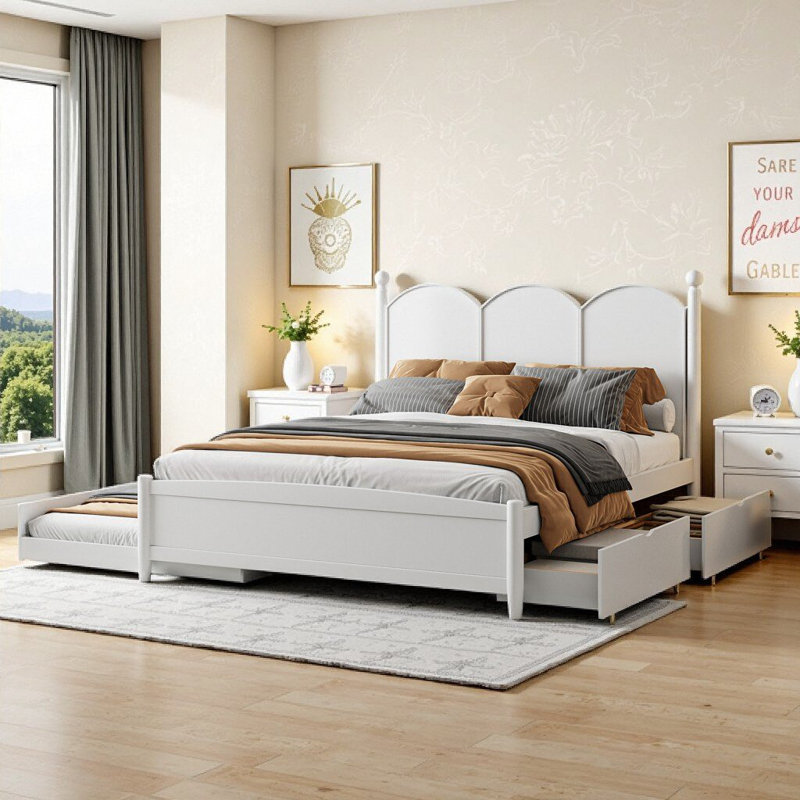 Lit plateforme grand avec 2 grands tiroirs et lit gigogne simple TG - blanc (solution de rangement et lit d'invité peu encombrant)