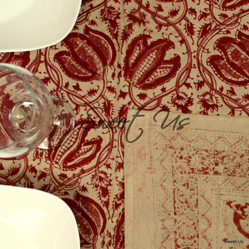 Cotton Vegetable Dye Hand Block Print Floral Tablecloth Rectangle, 104" L x 88" W Rectangle, Red