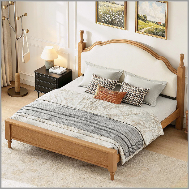 Grand lit plateforme en bois avec tête de lit tapissier, structure brune et tissu beige, Grand lit, Brun