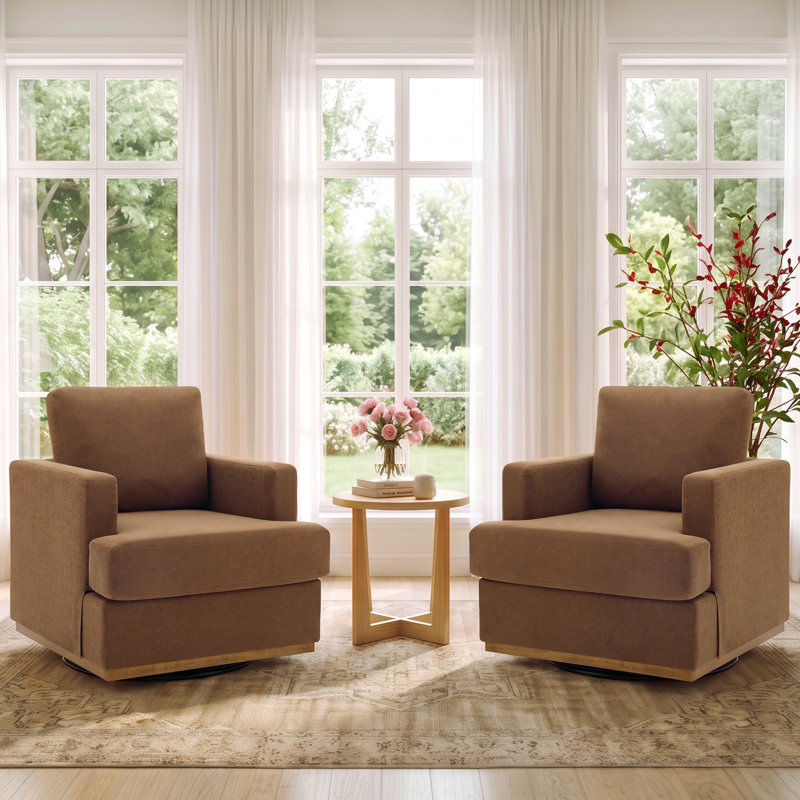 Ensemble de 2 fauteuils pivotants modernes avec base en bois massif, Ensemble de 2, Cuir d'unité centrale brun cognac