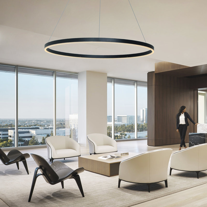 Stockham 1-Light Unique Geometric Chandelier Round Circle LED Kitchen Island Pendant, Matte Black, 3.5" H x 32" W x 32" D