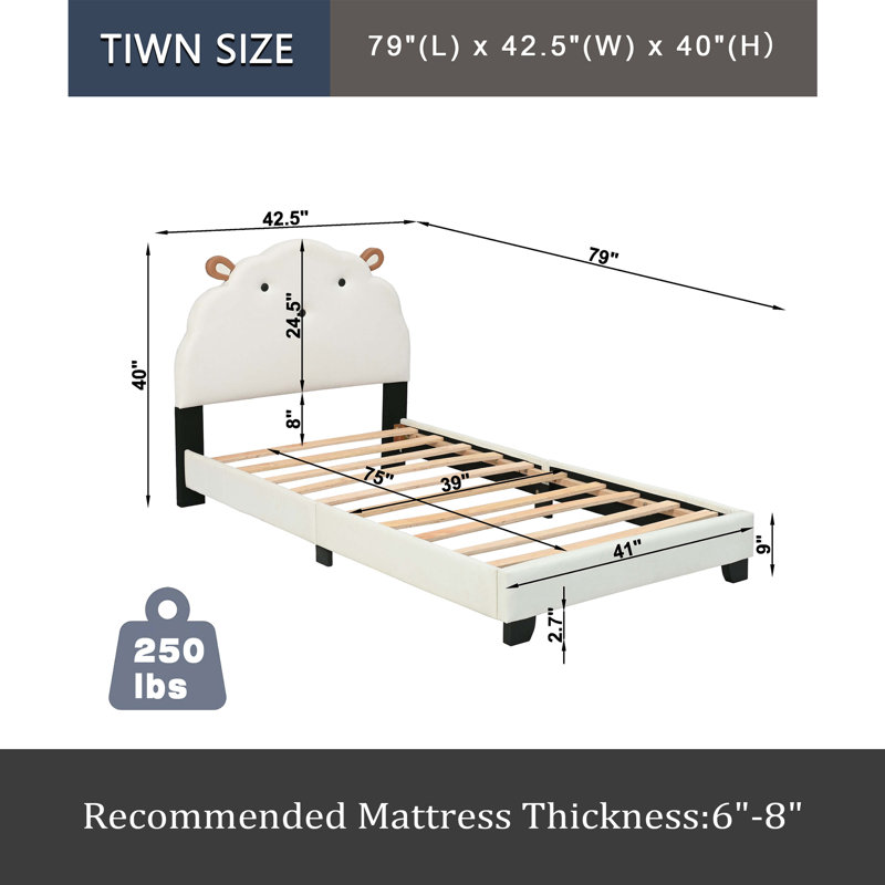 Lit plateforme tapissier simple pour enfants, base de lit en bois avec sommier à lattes, aucun sommier nécessaire, base de lit mignonne avec tête de lit en forme de mouton pour ados, blanc