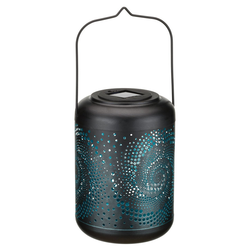 14.5 Inch Metal Solar Powered Outdoor Shadow Lantern with Decorative Cutout Patterns and Hanging Handle, Black/Teal