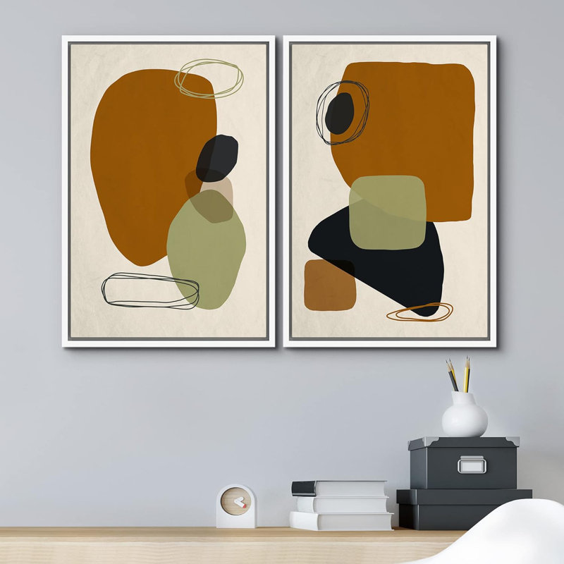 Mid Century Shape " Mid-Century Brown & Green Polygon Symbol Variety Abstract Shapes Modern Geometric " 2 - Pieces