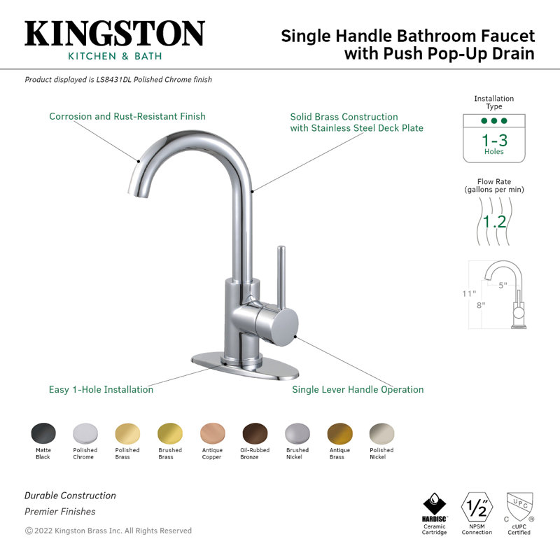 Kingston Brass Concord Single-Handle 1-Hole Deck Mount Bathroom Faucet with Push Pop-Up, Oil Rubbed Bronze