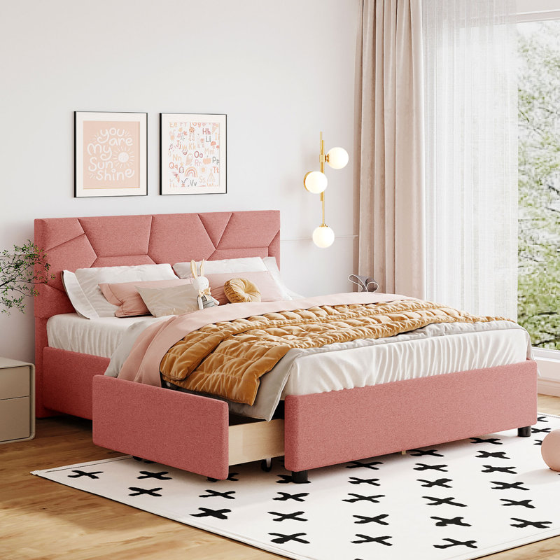 Lit plateforme tapissier Donard, Double, Rose