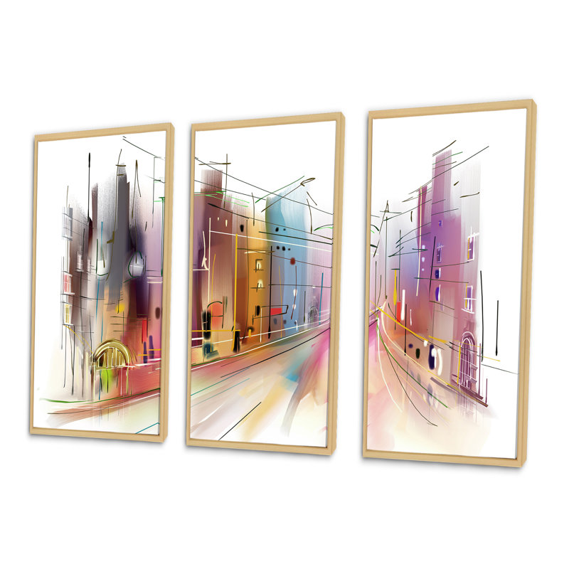 Road In City Art - 3 pièces, cadre flottant, impression sur toile, L 48 po x H 32 po, Cadre brun