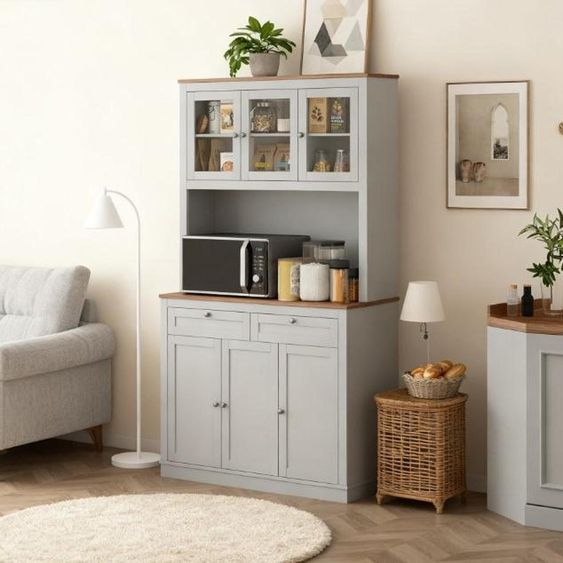 Armoire de cuisine pratique avec support pour micro-ondes, huche de cuisine avec tiroirs et tablettes réglables