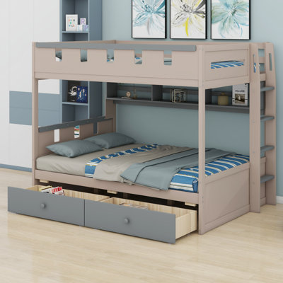 Castle Theme Bunk Bed Frame with Built-in Shelf, 2 Drawers and LED Lights