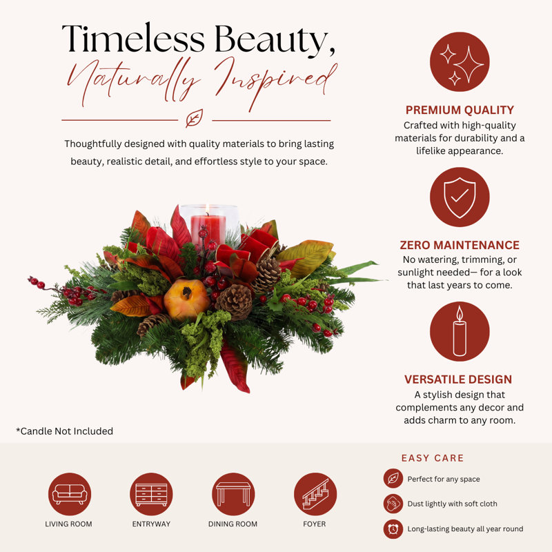 Holiday Candleholder Arrangement with Evergreens and Pinecones