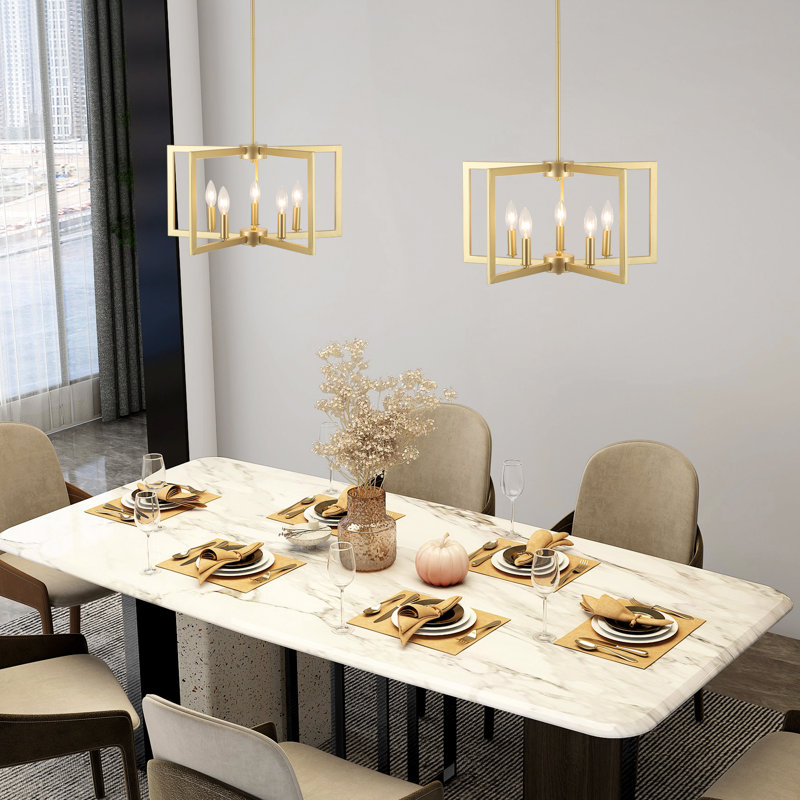 5 - Light 21.25" Gold Farmhouse Geometric Candle-Style Square / Rectangle Lantern Chandelier , Black/Gold, 5 Lights