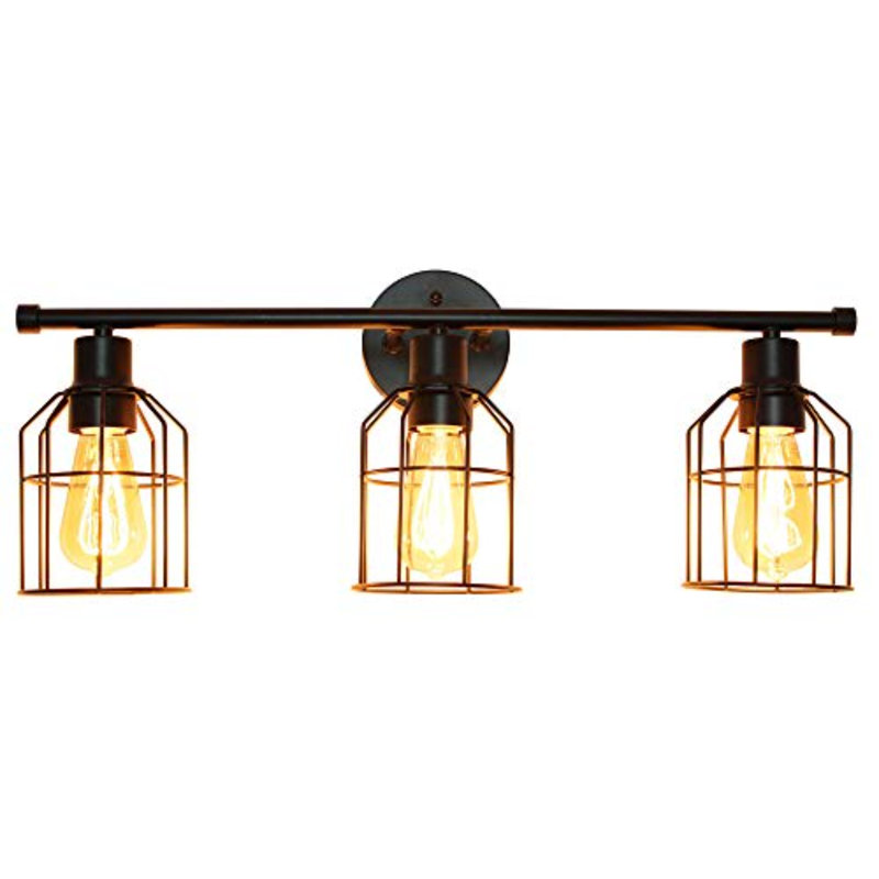 Black Industrial 3-Light Vanity Fixture with Wire Cage Shades