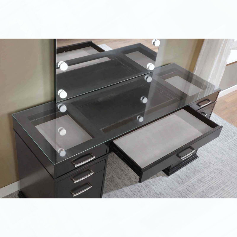Glam Style Vanity with Padded Stool Set, Glass Top, Storage Drawers and LED Mirror