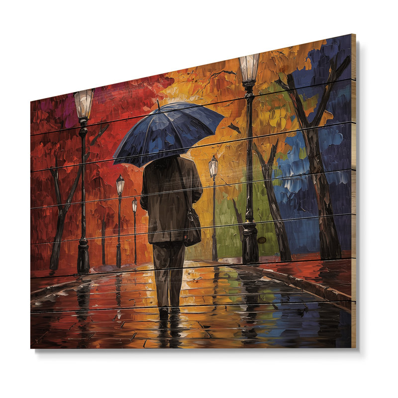Homme marchant sous la pluie à Paris - Paysage, art mural en bois sur bois de pin naturel, H 24 po x l 32 po