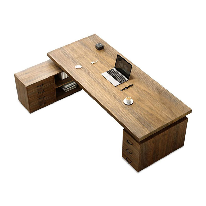 Bureau de direction brun en forme de L en bois de pin massif avec armoires latérales, H 29,53 po x l 78,74 po x P 51,18 po