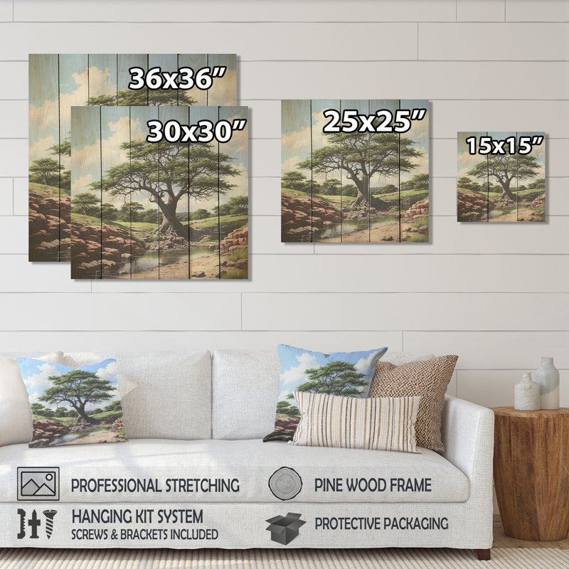 African Safari Tree Bliss I - Arbre sur bois, H 15 po x l 15 po