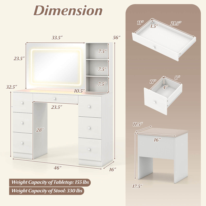 Vanity Desk with Mirror & Lights Makeup Table with Power Outlets & 7 Drawers