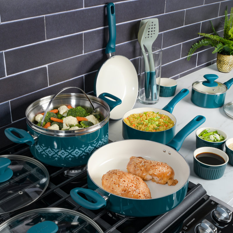 Batterie de cuisine antiadhésive en aluminium 16 pièces Spice par Tia Mowry, Bleu sarcelle