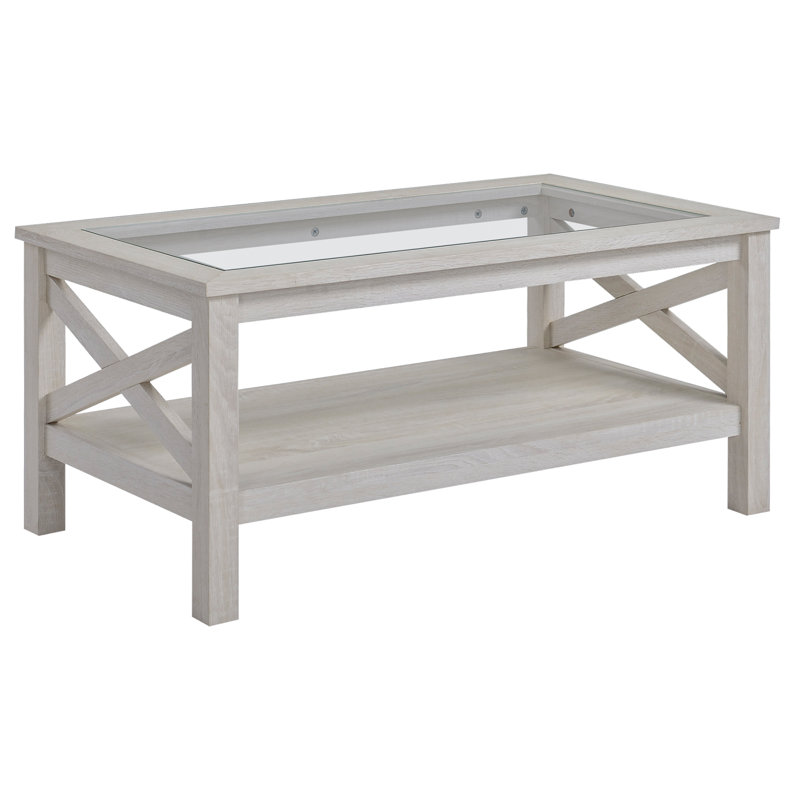 HOMCOM Farmhouse Style Coffee Table with Tempered Glass Top and Storage Shelf for Living Room, Black, Black