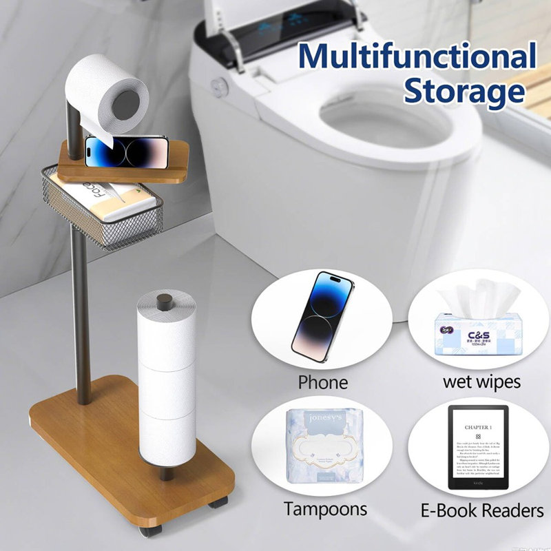 Porte-papier hygiénique sur pied avec tablette et tiroir pour lingettes, support antidérapant pour salle de bain
