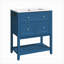 Meuble-lavabo sur pied de 76 cm avec lavabo en céramique, tiroir basculant, 2 tiroirs et tablette ouverte à lattes, porte-serviettes réversible, poignées argentées, bleu marine, MDF