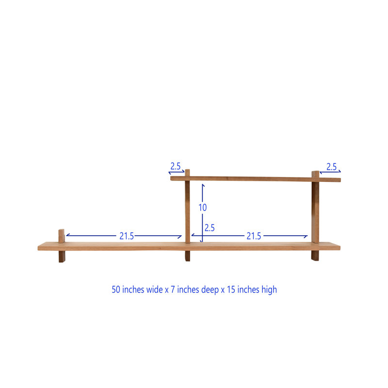 Ensemble de 2 tablettes décoratives en bois massif noyer, Brun pâle, H 15 po x l 50 po x P 7 po