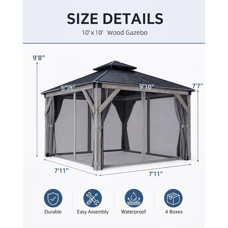 10x10Ft Wooden Hardtop Gazebo, Double Metal Roof, Permanent Pavilion with Curtains & Netting, Heavy Duty Gazebo with 4.7'' Reinforced Poles, Spruce Wood, Outdoor Gazebo for Patio, Backyard, Garden