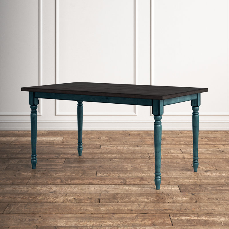 Io 60" Two Tone Solid Wood Farmhouse Dining Table, Dark Gray Top/Teal Blue Base