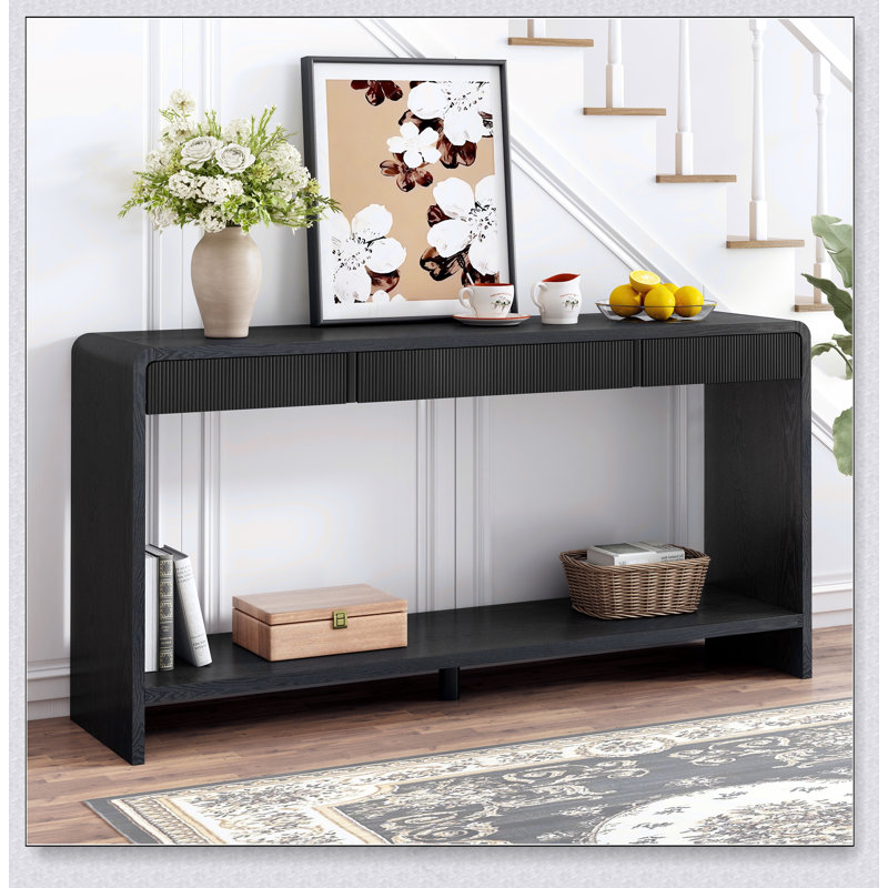 Console moderne à 3 tiroirs avec lattes verticales, conception à bord arrondi, parfaite pour le vestibule, le couloir ou derrière le canapé