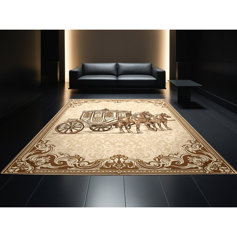 Machine Washable Maurice Horse Carriage Vintage Damask Rug in Beige – Beige Binding, 7x10