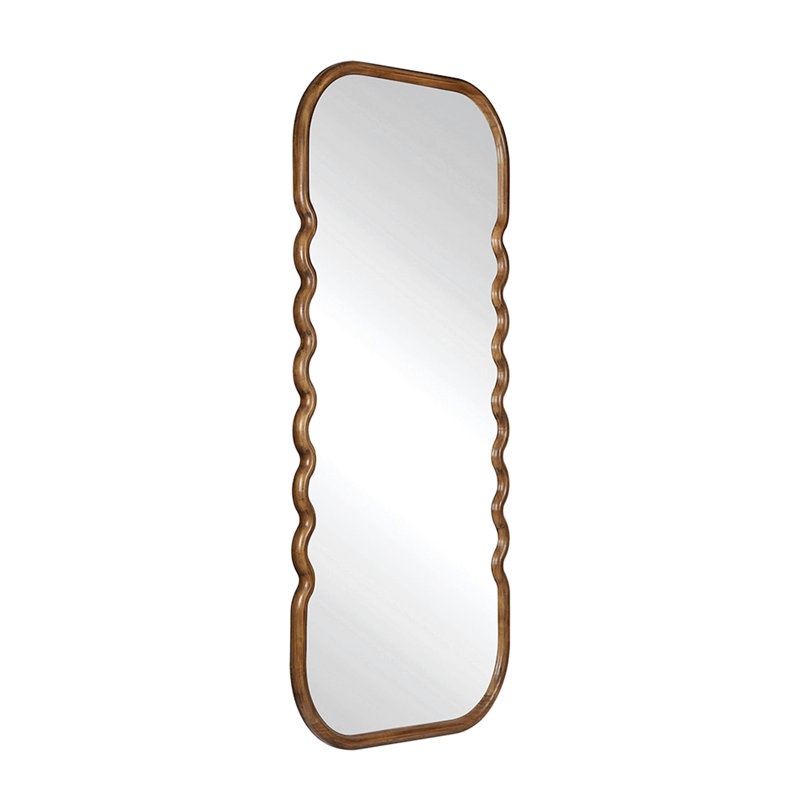 31.4X1.4X74" Oversized Wooden Floor Mirror With Unique Brown Frame