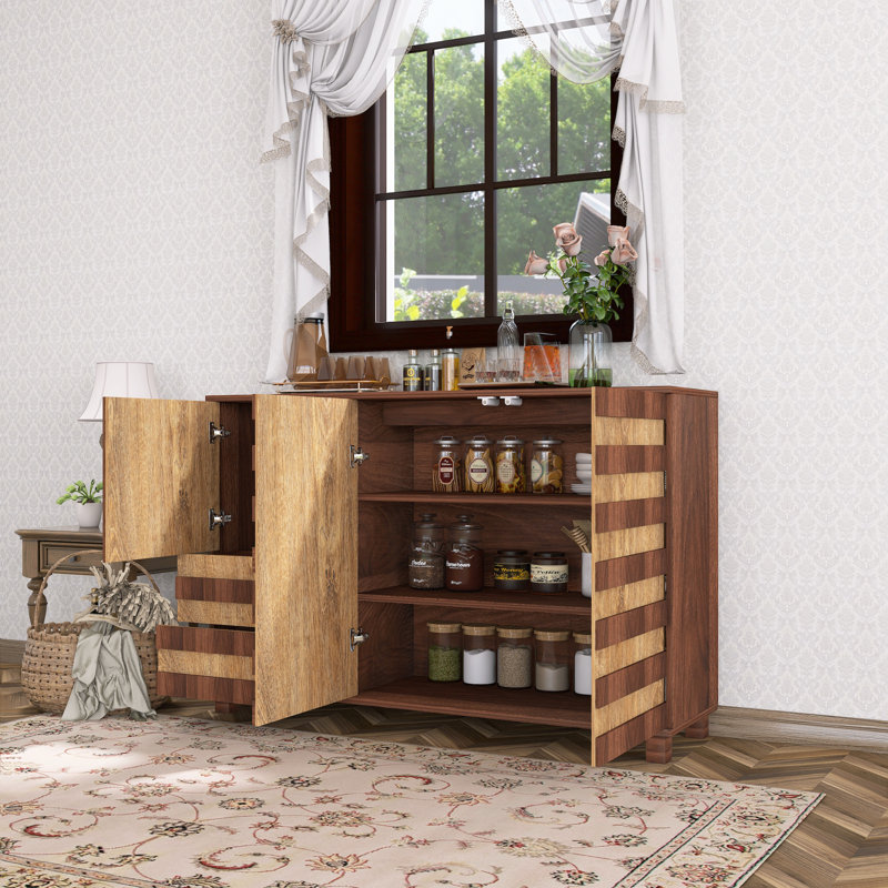 Sideboard Cabinet With Hand Carved Craftsmanship., Natural/Walnut