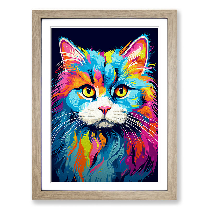 Persian Cat Pop No.3 1 Piece Single Picture Frame Wall Art, 46cm H x 34cm W x 2cm D, Oak Framed