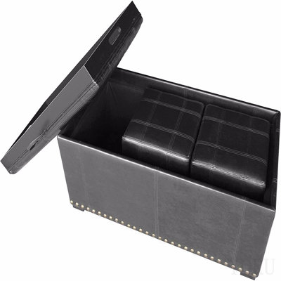 Banc de rangement en cuir avec 2 repose-pieds latéraux, noir