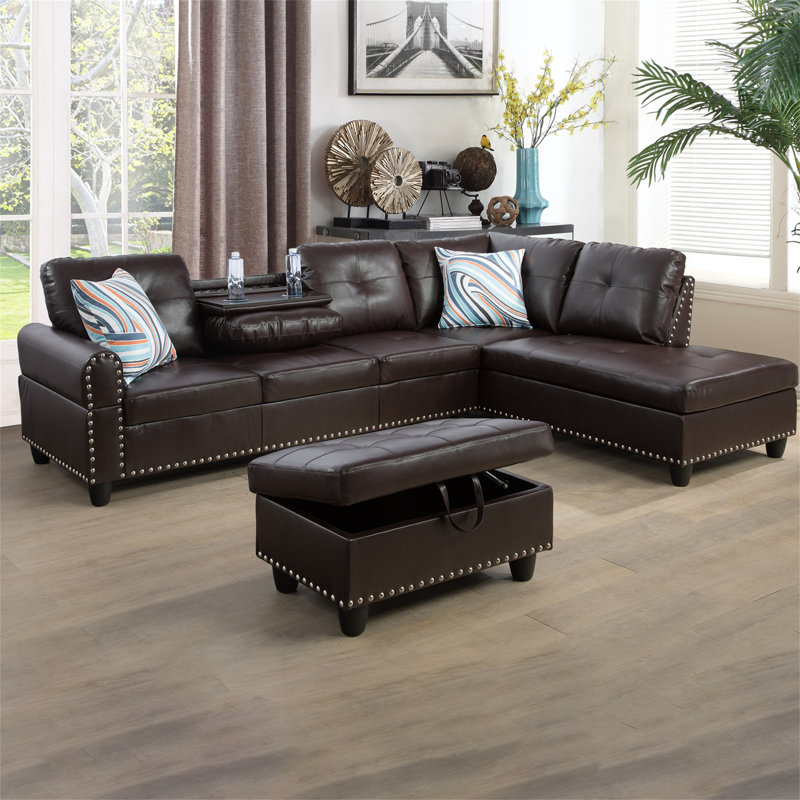 Plyler 97.2" Wide Modular Sectional with Ottoman, Right Hand Facing, Brown Faux Leather