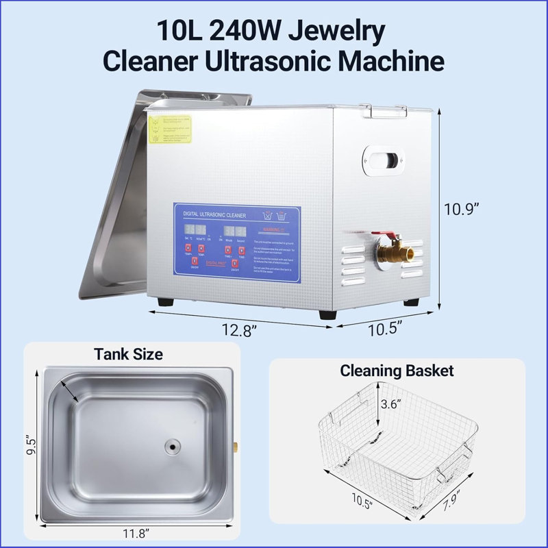 10l/2.64gal Heavy-duty Ultrasonic Cleaner 240w 40khz - Industrial-grade Heated Cleaning Machine With Digital Timer, For Watches, Eyeglasses, Jewelry, Dental Tools & Industrial Parts