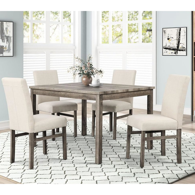 Lin beige revêtu de 2 chaises de salle à manger rectangulaires à dossier solide de style transitionnel pour la cuisine et la salle à manger, pièce en bois d'ingénierie, finition chêne
