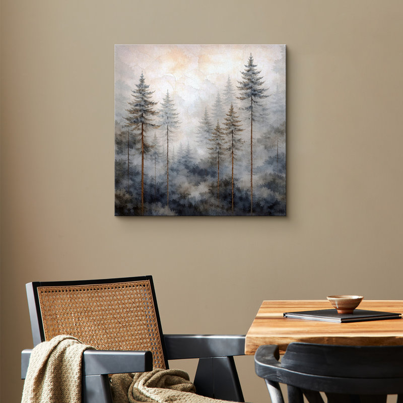Misty Pine Forest Landscape Artwork, Neutral Woodland Nature Pictures, Framed Canvas Giclee Print Wall Art, Wrapped Canvas