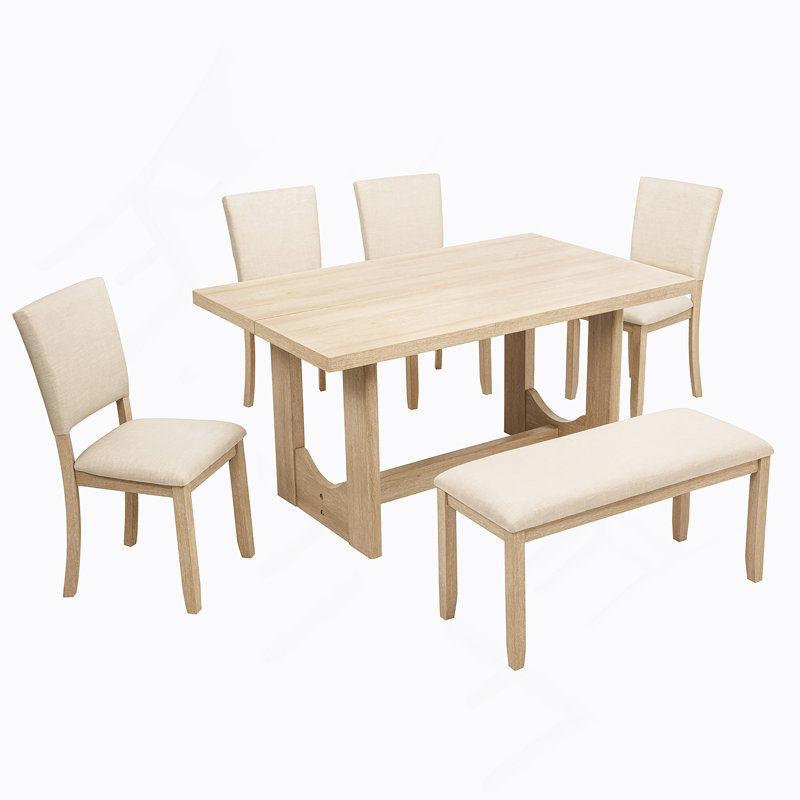 Ensemble de table de salle à manger 6 pièces, table de cuisine rectangulaire en bois avec banc et 4 chaises rembourrées