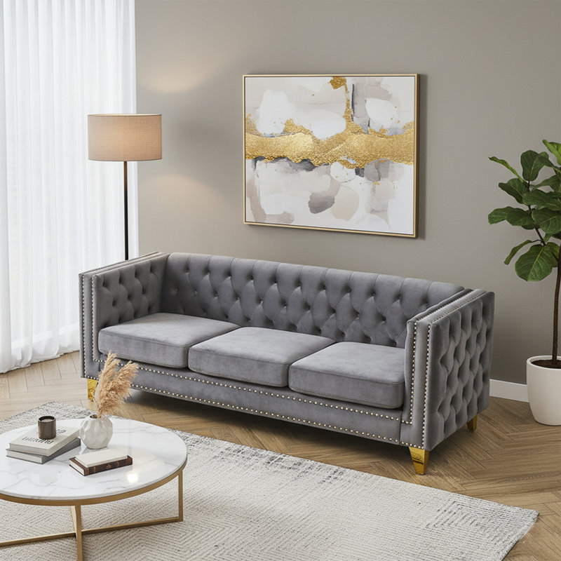 Chesterfield Velvet Sofa, Gray