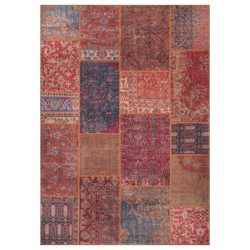 Monserrat Machine Made Polyester Area Rug in Red/Brown/Blue, Rectangle 4'11" x 7'7"
