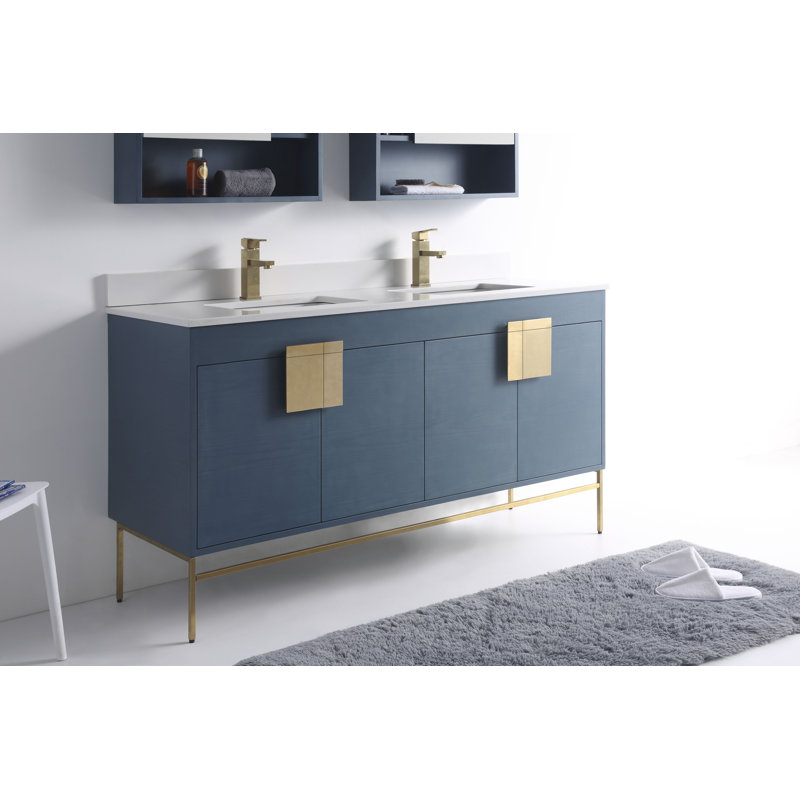 Tortola 60 " W Freestanding Standard Free Standing 2 Double Vanity Bathroom Vanity With Top, French Blue, Satin Brass